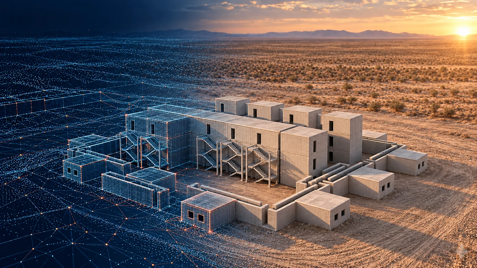 A modular campus graduates from a blue point cloud and wireframe on the left into a realistic concrete facility on the right