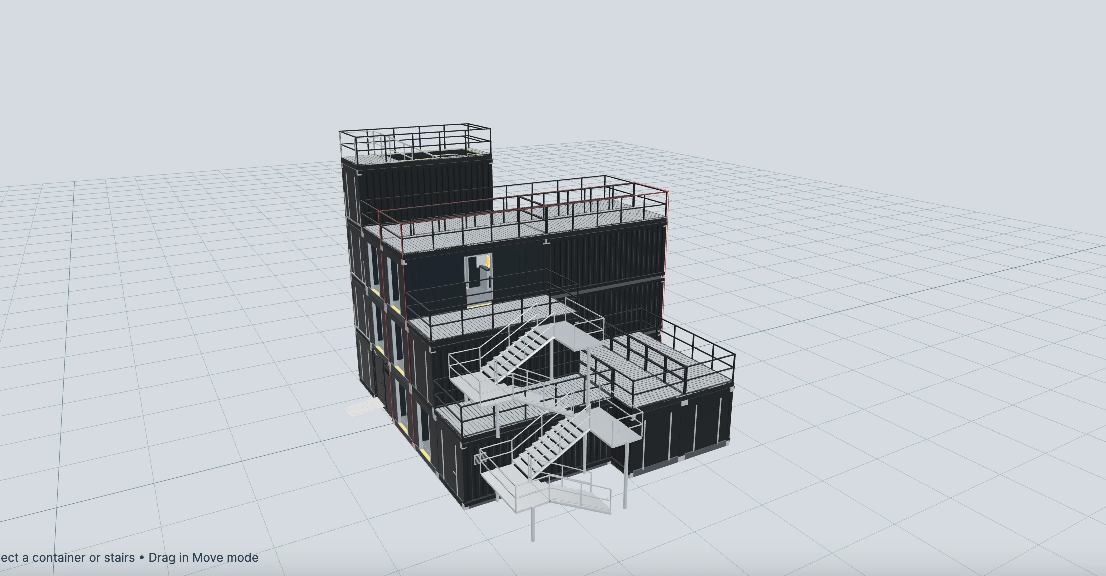 Digital concept model of a stepped container training tower with external stair flights, landings and rooftop railings