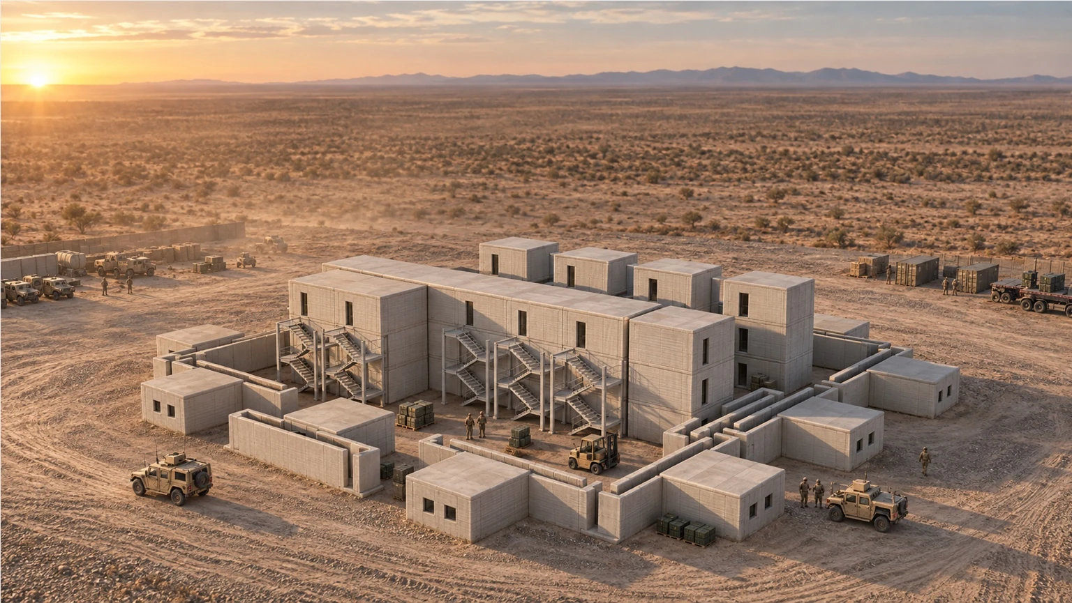 Modular concrete facility concept in a desert landscape