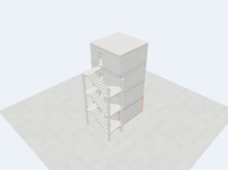 Digital model of a multi-level modular building with exterior stair assemblies