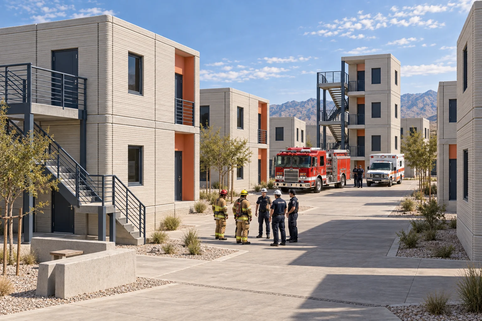 Realistic concept visualization of a modular training campus with exterior stair towers, a fire engine and an ambulance